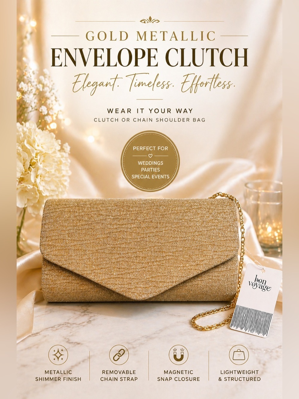 Gold Metallic Envelope Clutch Chain Strap Evening Bag Wedding NWT